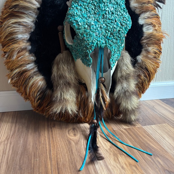 Turquoise Skull Wall Hanging Fur Feathers Leathers Accents - Picture 4 of 12